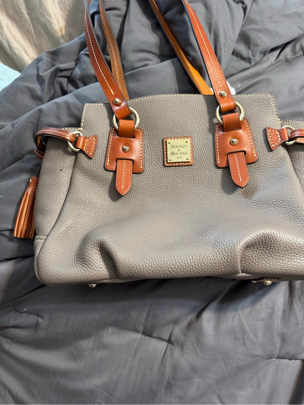 Dooney & Bourke Gray Pebbled Leather shoulder bag with Brown Trim